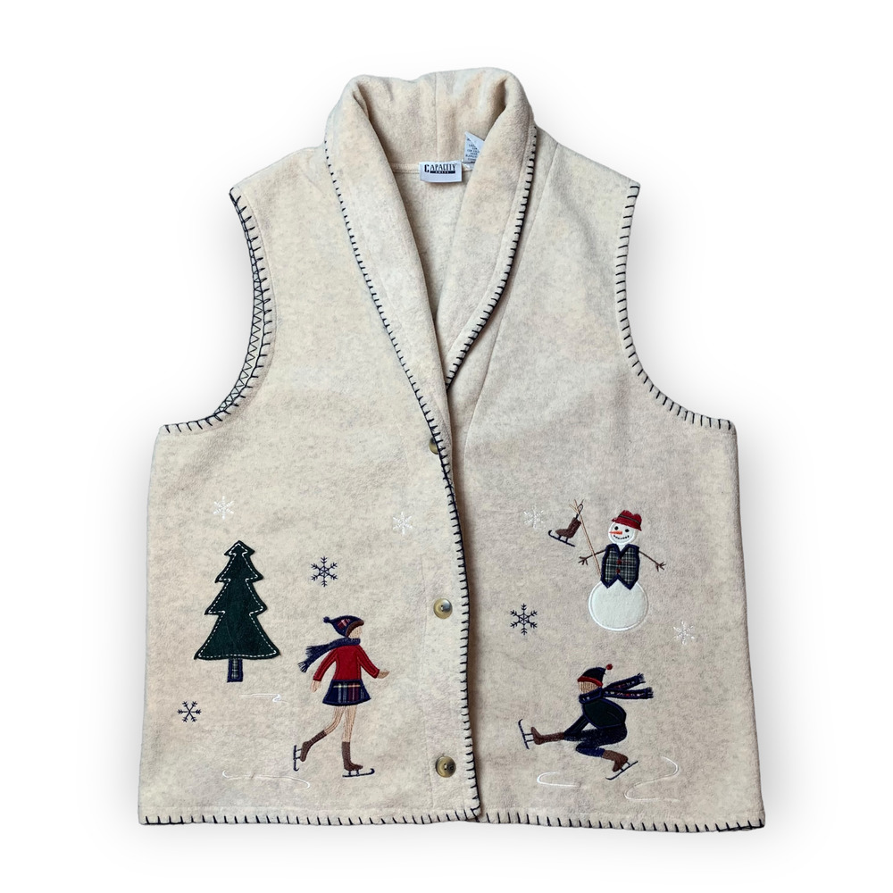 Vintage Christmas Snowman and Ice Skating Capacity Knits Fleece Collared Vest- L
